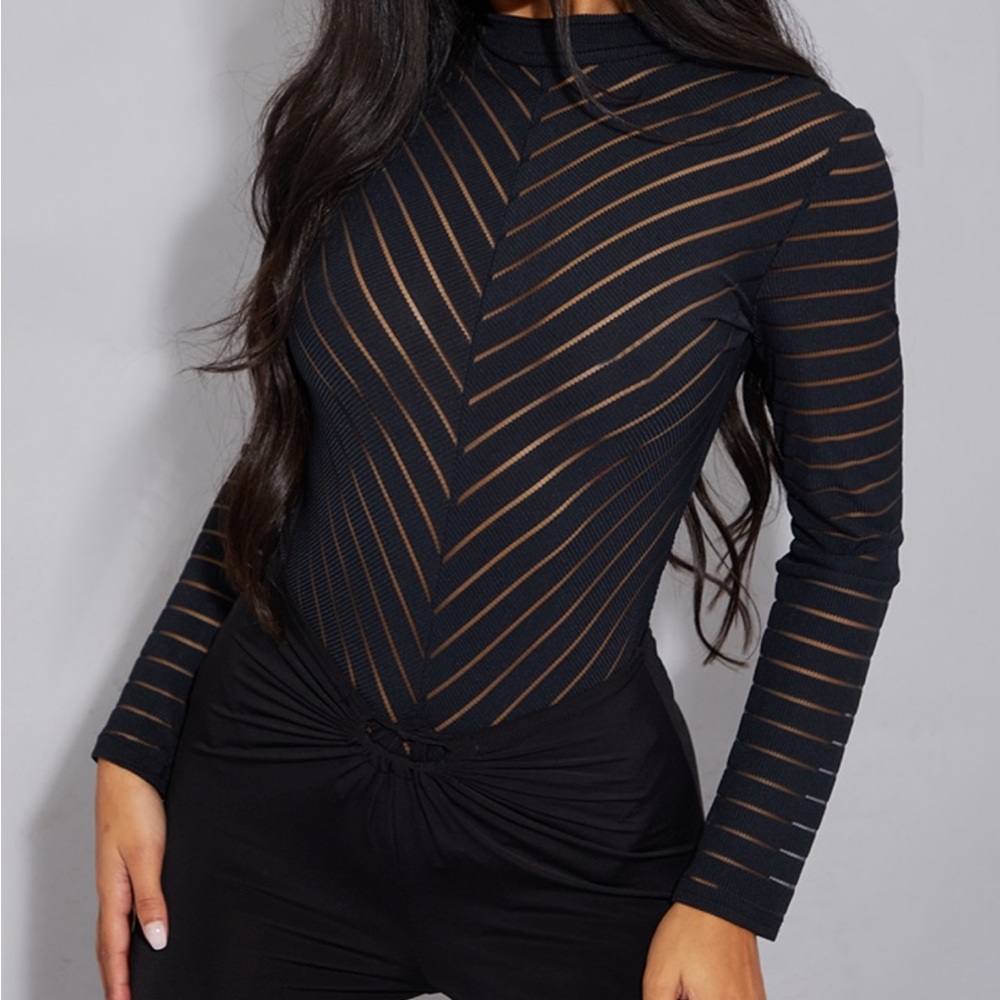 NWT PLT Black Chevron Mesh Thong Bodysuit